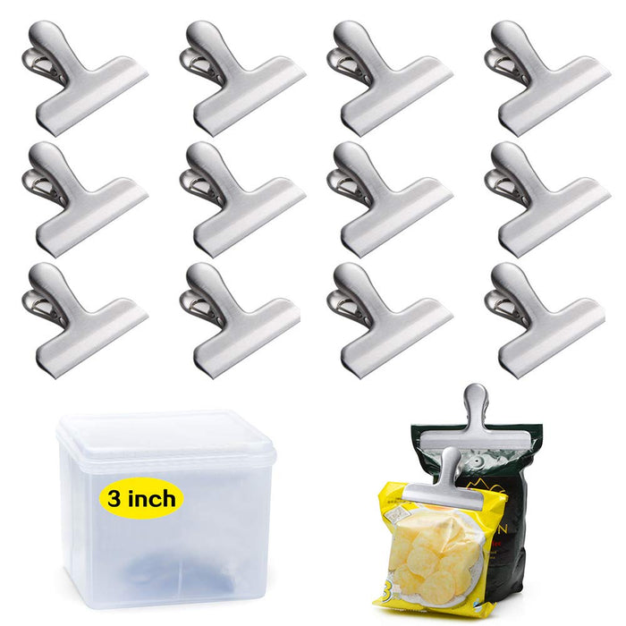 Ayvicco 12 Pack Heavy Duty Chip Bag Clips, 3 Inch Wide Stainless Steel Food Bag Clip, Perfect for Air Tight Seal Grips on Coffee, Food & Bread Bags, Office Kitchen Home Usage (No Sharp Edges)