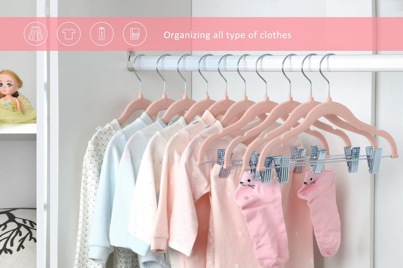 ManGotree 11.8'' Baby Velvet Hangers with Movable Clips, Non-Slip Kids Felt Hangers, Ultra-Thin Space-Saving Children's Clothes Hangers for Skirts, Pants, Dresses, Shirts, Jackets (7 Pack, Blue)