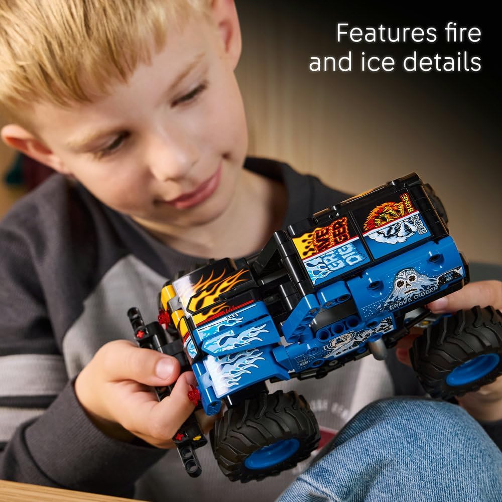 Technic Monster Jam Grave Digger Fire and Ice - Pull-Back Truck Toy - Race Car Model Kit w/Authentic Details - Birthday Gift for 7+ Year Old Boys, Girls & Fans - 42219