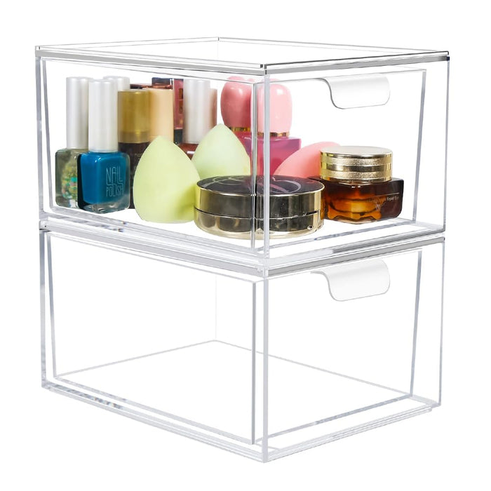 2 Pack Clear Bathroom Storage Bins with Pull-Out Drawers Stackable Organizers for Toiletries and Supplies Ideal for Vanity Countertops, Cabinets, Laundry Rooms, and More, Easy Access, 20x15.3x11.3 cm