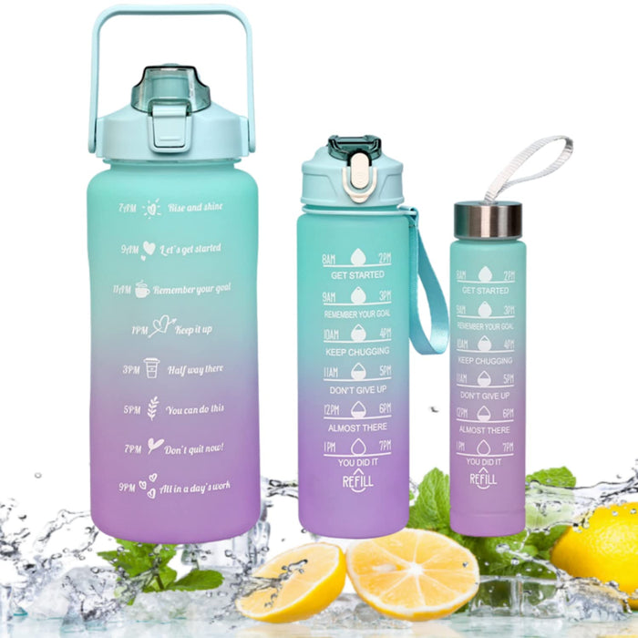 HALAMODO Sports Water Bottles Set of 3, 2000ml+900ml+500ml BPA Free Motivational Sports Water Bottle with Time Capacity Marker Water Bottle for School, Office, Home, Gym