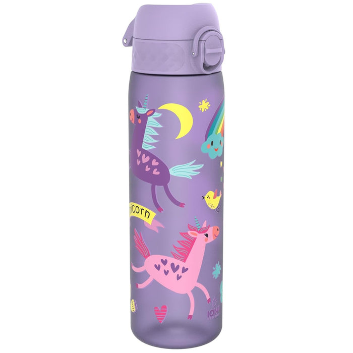 ION8 Water Bottle, 500ml/18oz, Slim Leak-proof & BPA-Free Drinking Bottle, Secure Lock Prevents Spills, Dishwasher Safe, Carry Handle, Ideal for Adults & Kids - Travel, Gym & School, Purple, Unicorns