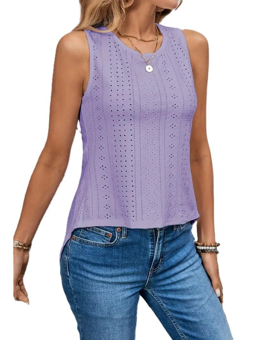 Women's Sleeveless Tank Top, Eyelet Embroidered, Crisscross Back Design,Crew Neck