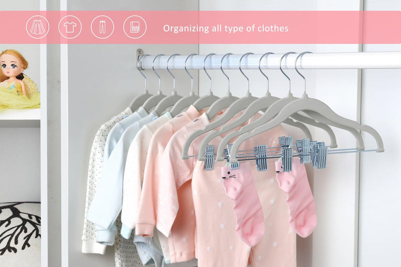 ManGotree 11.8'' Baby Velvet Hangers with Movable Clips, Non-Slip Kids Felt Hangers, Ultra-Thin Space-Saving Children's Clothes Hangers for Skirts, Pants, Dresses, Shirts, Jackets (7 Pack, Blue)