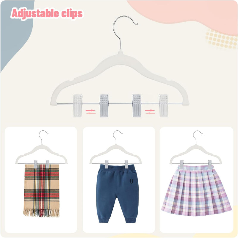 ManGotree 11.8'' Baby Velvet Hangers with Movable Clips, Non-Slip Kids Felt Hangers, Ultra-Thin Space-Saving Children's Clothes Hangers for Skirts, Pants, Dresses, Shirts, Jackets (7 Pack, Blue)
