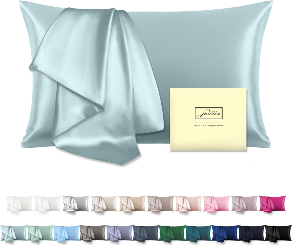 Suatien Mulberry Silk Pillowcase for Hair and Skin Pillow Case with Hidden Zipper Soft Breathable Smooth Cooling Silk Pillow Covers for Sleeping (Haze Blue, King20"X 36")