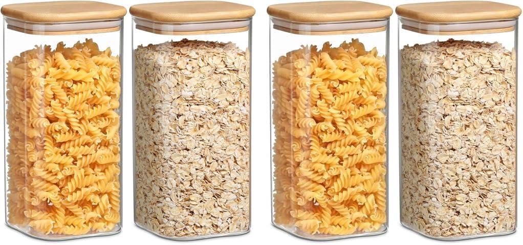 SKY-TOUCH Glass Food Storage Jars Containers set 1.5L,with Airtight Bamboo lids Set of 2,for Spices Noodles Flour Cereal Rice Sugar Tea Coffee Beans, Square (2 Pack, 1500ml) – image 2
