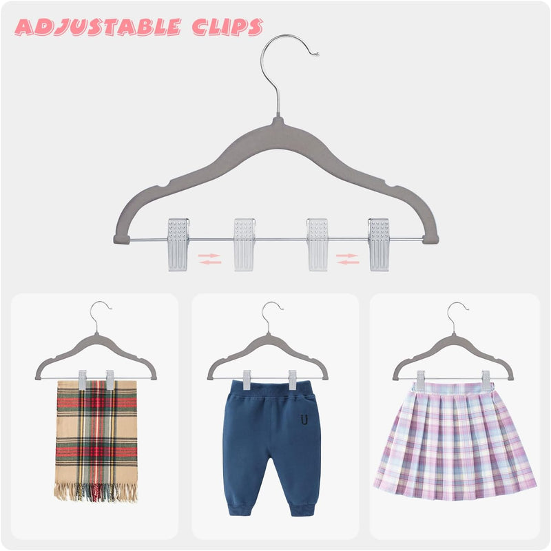 ManGotree 11.8'' Baby Velvet Hangers with Movable Clips, Non-slip Kids Clothes Hangers, Ultra-thin Space-saving Children's Felt Hangers for Shirts, Pants, Dresses, Skirts, Jackets (16 Pack, White)