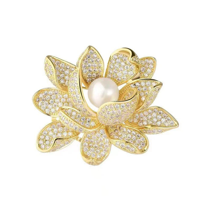 Kokoma Lotus Flower Brooch Pin for Women Girls Gold Plated Rhinestone CZ Pearl Floral Lapel Pins Corsage Badge Brooches Scarf Clip Pins for Cloth Dress Accessories Decoration, Gemstone, cubic zirconia