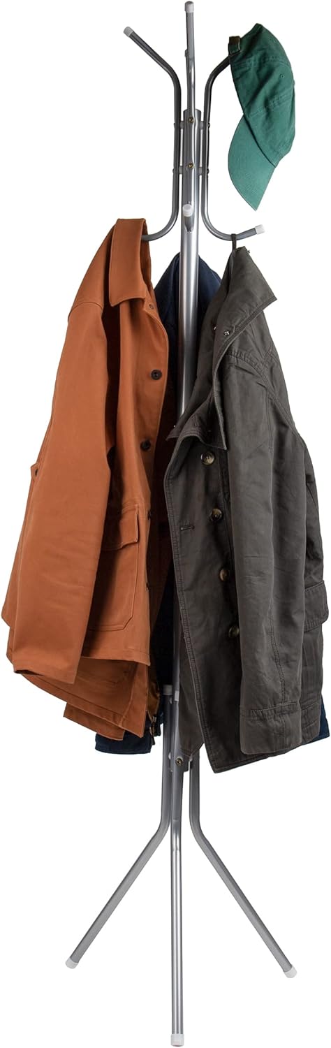 Mind Reader COATRACK11 Standing Metal Coat Rack Hat Hanger 11 Hook for Jacket, Purse, Scarf Rack, Umbrella Tree Stand, Black