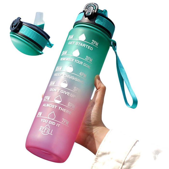 ECVV® 1L Motivational Water Bottle with Time Marker & Encourage Phrase - BPA Free, Leakproof Wide Mouth, Fast Flow Technology, Perfect for Daily Hydration(Green,Purple)