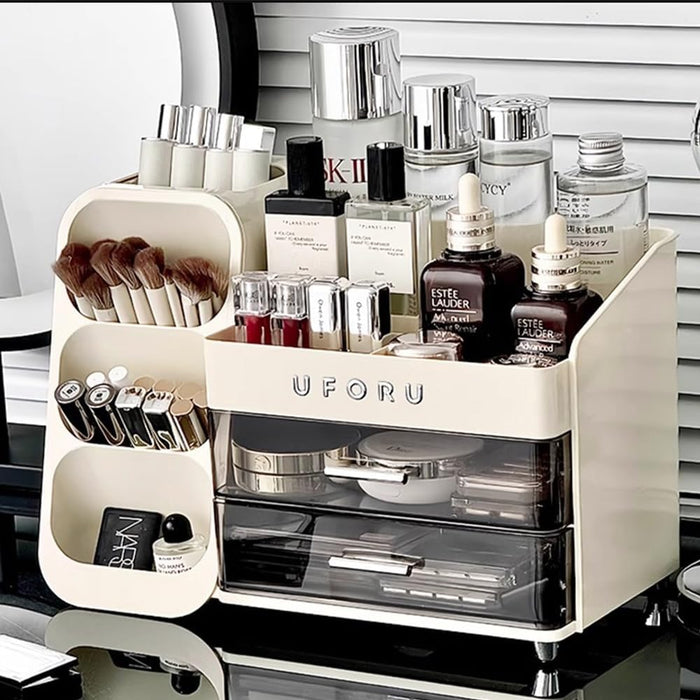 QHWRV Large Capacity Modern Elegant Makeup Organizer, Cosmetic Display Cabinet with 7 Compartments, Drawers, Suitable for Dressing Table, Bathroom, Office Desk in White, Grey