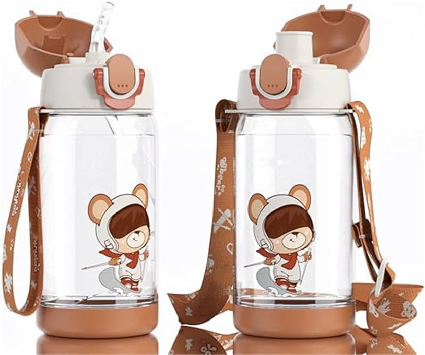 Azonee 500ml Kids Water Bottle with Straw, BPA Free, Lightweight & Leak-Proof, Two Lids, Ideal for School & Sports, Blue (Brown)