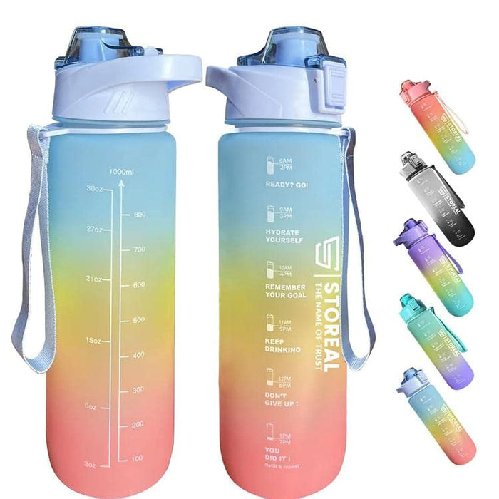 STOREAL Original Tritan Motivational Plastic Water Bottle 1L with Time Markers, Leakproof, Fast Flow, BPA Free Drinking Water Bottle for Kids, School Water Bottles