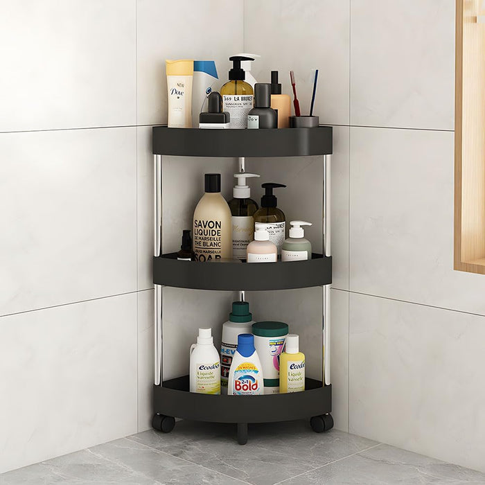Aputue Shower Caddy Corner Shelves, 3-Tier Black Bathroom Shelving Unit Cart with Wheel, Plastic Shower Caddy Organizer Shelf, Rust Proof Corner Open Storage Cart for Bathroom, Kitchen