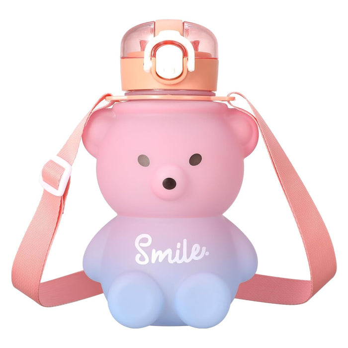 Fuyamp Kawaii Bear Water Bottle With Straw and Strap,800ml Cute Gradient Colorful Water Bottles Portable Leakproof BPA-free Drinking Cups for Kids Girls Women Sports Camping Picnic Hiking Travel