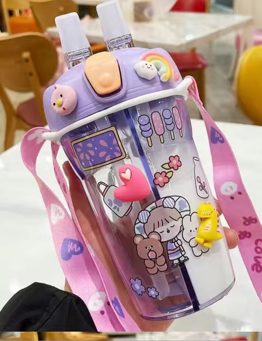 Nova Vibes Juice/Water Bottle For Kids, Double- sided Compartments 430 ml with 3D stickers and shouder- Neck Strap (Purple)