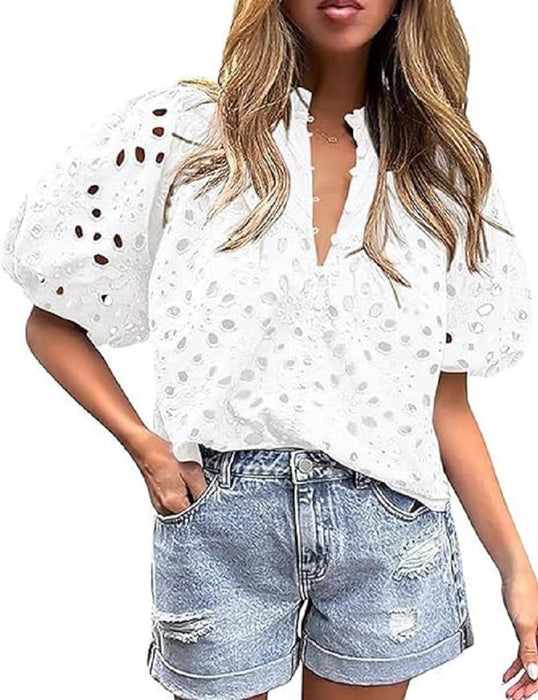 Women's Hollow Out Embroidered Tops Puff Sleeve Eyelet Tops Dressy Casual White Blouse V Neck Top Button Down Shirts