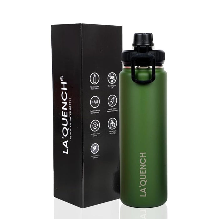 LA'QUENCH™ 18/8 Stainless Steel Water Bottle 710ML / 24oz Double Wall Vacuum Insulated Thermos Flask Wide Mouth Gym Sports Bottle (Army Green)