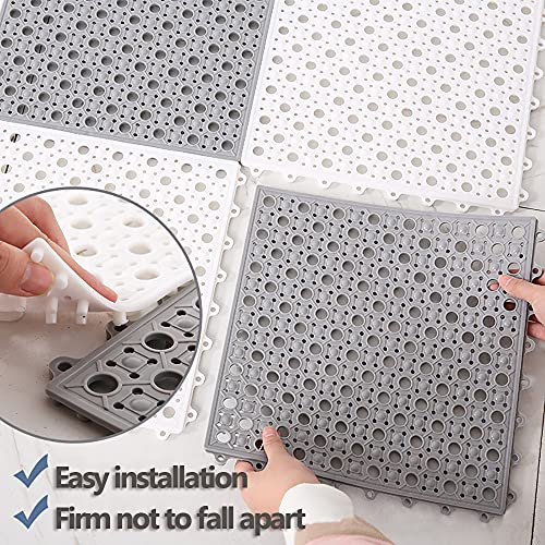 JJONE 3PCS Bath Mat, Non Slip Shower Mat, Bathroom Mats Bathroom Rugs, Interlocking Soft PVC Floor Mats, DIY Floor Mat with Drain Holes for Home Kitchen Bathroom Shower Pool Balcony (A-Light Grey)