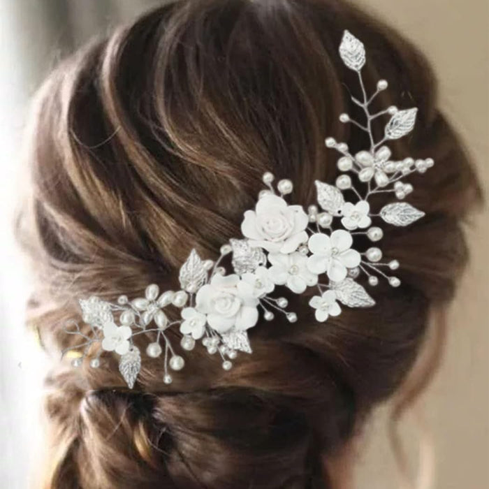Tazweeq Flower Bride Wedding Hair Vine Pearl Bridal Hair Piece Leaf Hair Accessories Hair Piece for Women and Girls,Flower Pearl Hair Accessories for Birthday Party (9inches,Silver)