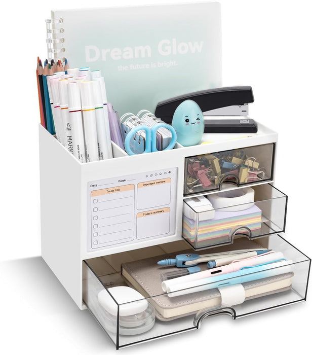 Angju Desk Organizer with 3 Drawer, Multi-Functional Pencil Pen Holder for Desk, Desk Organizers and Storage with 5 Compartments, Desktop Organizer for Office Home Art Supplies and Cosmetic