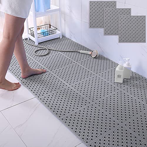 JJONE 3PCS Bath Mat, Non Slip Shower Mat, Bathroom Mats Bathroom Rugs, Interlocking Soft PVC Floor Mats, DIY Floor Mat with Drain Holes for Home Kitchen Bathroom Shower Pool Balcony (A-Light Grey)