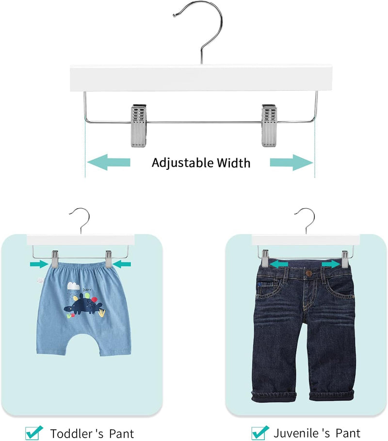 Nature Smile 11.8' Kids Baby Toddler Children Solid Wooden Pants Hangers,Wood Skirts Hangers,Trousers Bottom Hangers with 2-Adjustable Clips Anti-Rust Hook Pack of 10 (White)