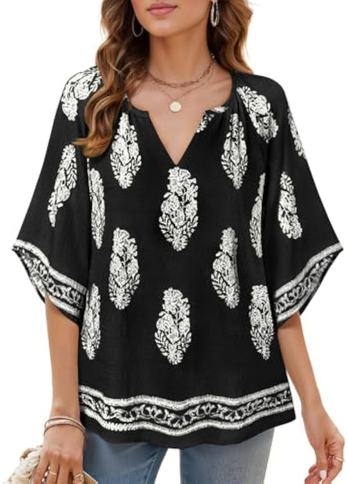 Womens Blouse, Summer Tops for Women, Ruffle 3/4 Sleeve Blouses for Women V Neck Chiffon Tunic Tops Double Layers Mesh Shirts