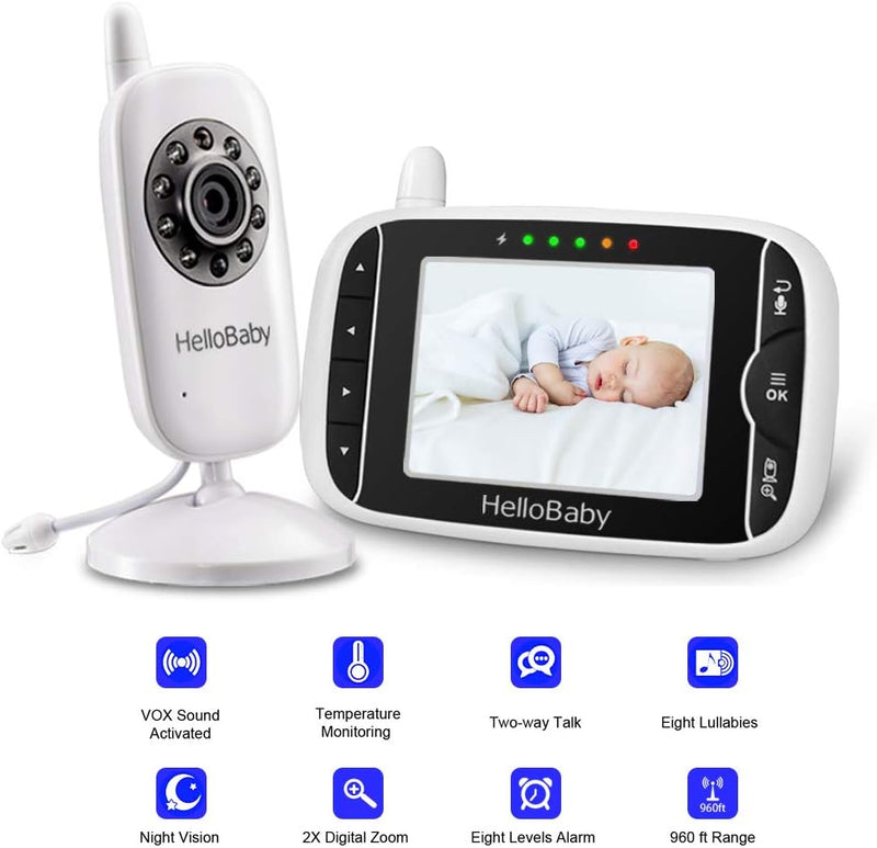HelloBaby Video Baby Monitor 3.2'' LCD Display Screen with Camera, Infrared Night Vision, Two Way Talk, VOX Mode, Built-in Lullabies, Long Range and Temperature Monitoring
