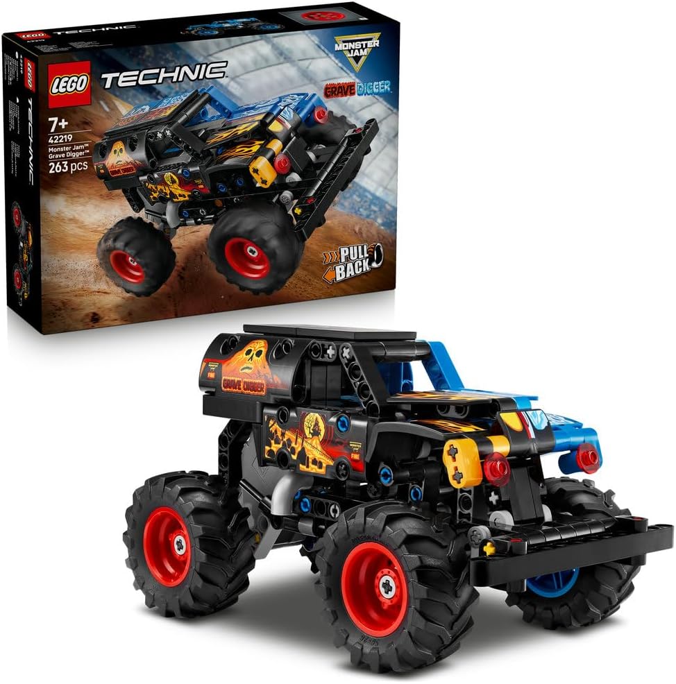 Technic Monster Jam Grave Digger Fire and Ice - Pull-Back Truck Toy - Race Car Model Kit w/Authentic Details - Birthday Gift for 7+ Year Old Boys, Girls & Fans - 42219