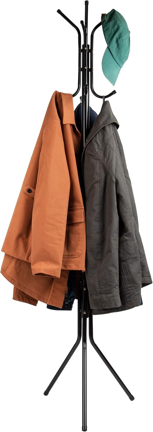 Mind Reader COATRACK11 Standing Metal Coat Rack Hat Hanger 11 Hook for Jacket, Purse, Scarf Rack, Umbrella Tree Stand, Black
