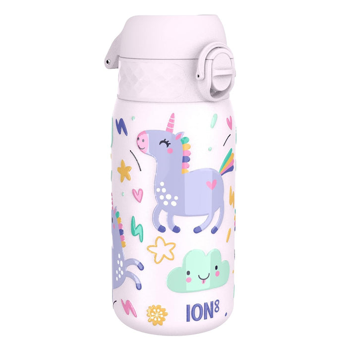 Ion8 Lightweight Steel Kids Water Bottle, 400ml/13oz, Non-Insulated, Leak Proof, Easy to Open, Secure Lock, Dishwasher Safe, Fits Cup Holders, Carry Handle, Metal Water Bottle, Pink, Unicorns