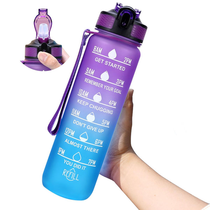 EVVV 35oz/1L Motivational Water Bottle with Time Marker & Encourage Phrase - BPA Free, Leakproof Wide Mouth, Fast Flow Technology, Perfect for Daily Hydration(Purple Blue)