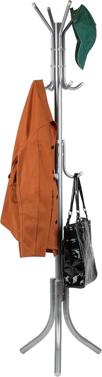 Mind Reader COATRACK11 Standing Metal Coat Rack Hat Hanger 11 Hook for Jacket, Purse, Scarf Rack, Umbrella Tree Stand, Black