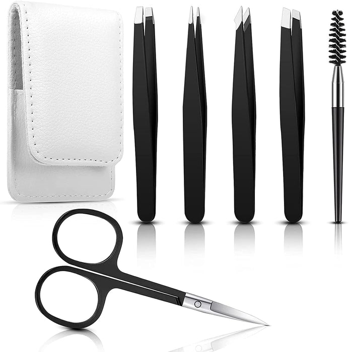 ELECDON 6 Pieces Eyebrow Tweezers Set with Curved Scissors, Eyelash Brush Stainless Steel Brow Remover Tools for Women and Girls, Hair Plucking Daily Beauty Tool with Storage Case (Classic Color)