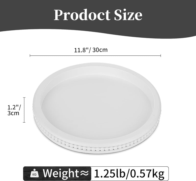 Hanobe Decorative Serving Tray Wood: White Washed Bead Round Tray Decor for Coffee Table Rustic Wooden Trays Farmhouse Centerpiece for Living Room Kitchen Counter