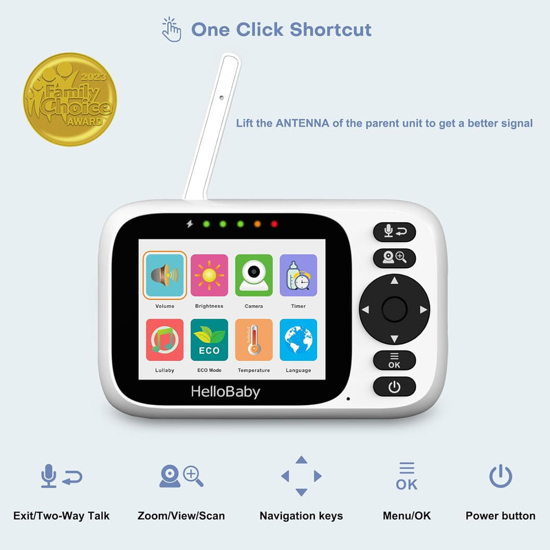 HelloBaby Baby Monitor Camera and Audio, 3.2 Inch Video Baby Monitor No WiFi,2-Way Talk, AUTO Night Vision, VOX Sound Activated Screen, Temperature Monitoring, 8 Lullabies and 1000ft Range,8 Languages