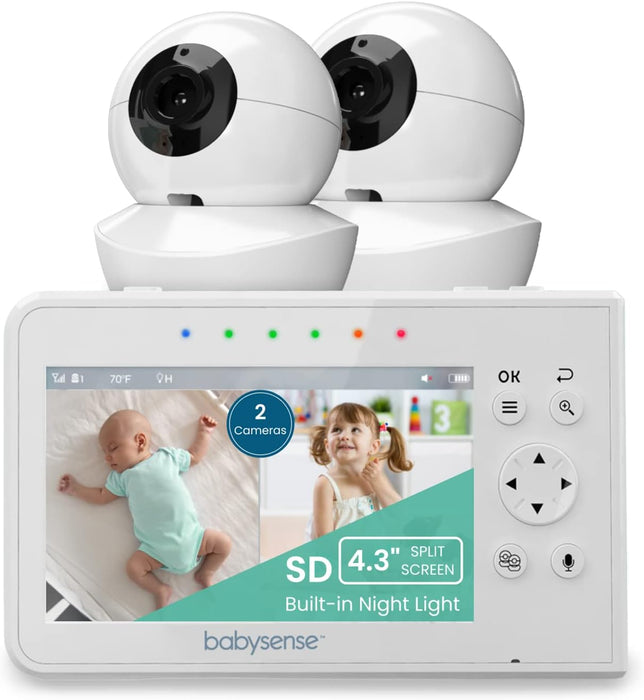 Babysense Baby Monitor with Split Screen 4.3 Inches, Video Baby Monitor with Two Cameras, PTZ Function, Range 300 m (Free Space), Night Light, Two-Way Communication, Night Vision, Lullabies