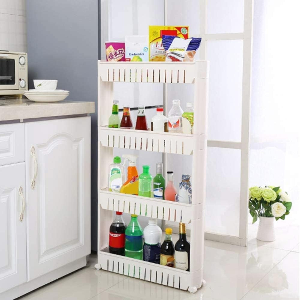 SKY-TOUCH 4 Tier Kitchen Plastic Storage Shelf Slim, Mobile Narrow Rolling Cart with Wheels, Storage Cart for Kitchen Bathroom Laundry Office Narrow Places