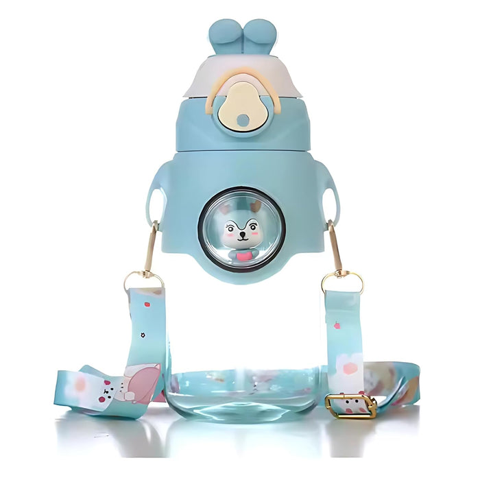 Twisoo Cute Rabbit Cartoon Kids Water Bottle with Straw and Adjustable Strap Food Grade Tritan One-Click Open Portable Leak Proof Insulated BPA Free For Kids Girls School Travel 500ml (Blue)