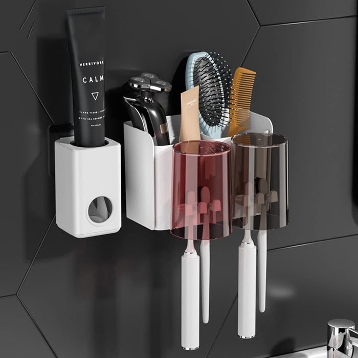 ECVV 2 Cups Wall Mounted Toothbrush Holder Set, Bathroom Toothbrush Holder with 2 Classification Storage Compartments -Automatic Toothpaste Squeezer Storage Rack Bathroom Accessories Set