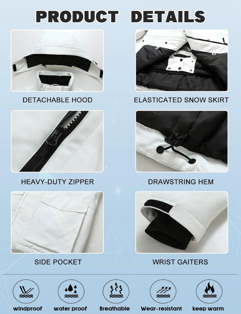 HOUZONIY Men's Ski Suit Snowsuit Breathable Windproof Snow Trousers Snow Jacket with Removable Hood for Skiing Snowboarding Ski Suit