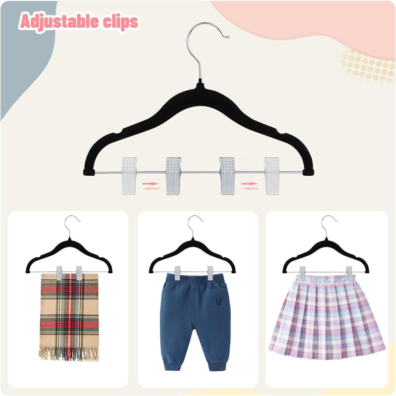 ManGotree 11.8'' Baby Velvet Hangers with Movable Clips, Non-Slip Kids Felt Hangers, Ultra-Thin Space-Saving Children's Clothes Hangers for Skirts, Pants, Dresses, Shirts, Jackets (7 Pack, Blue)