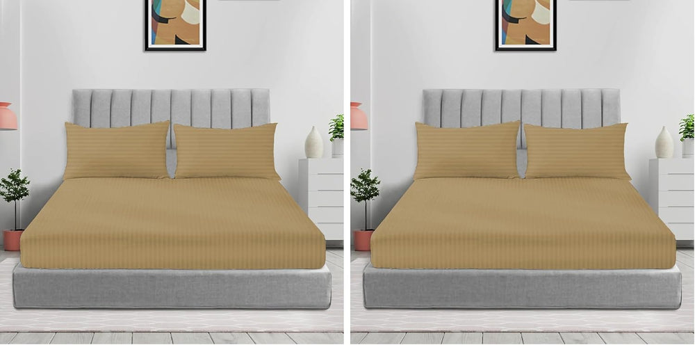 Sleep Well Microfiber Stripe Fitted Sheet with Pillowcase Set - 90x200+17cm (Beige)