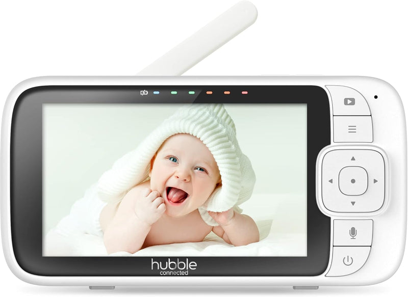 Hubble Nursery View Premium 5 Inch Video Baby Monitor with Room Temperature Sensor, Two Way Talk, Digital Zoom, Soothing Nature Sounds - White