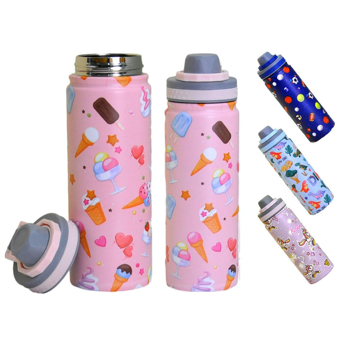 Water Bottle for Kids 500ML Water Bottle for Kids School Stainless Steel Water Bottle, BPA-Free Leakproof and Durable Hot Cold Liquids Sports School Bottle (Ice Cream Pink)