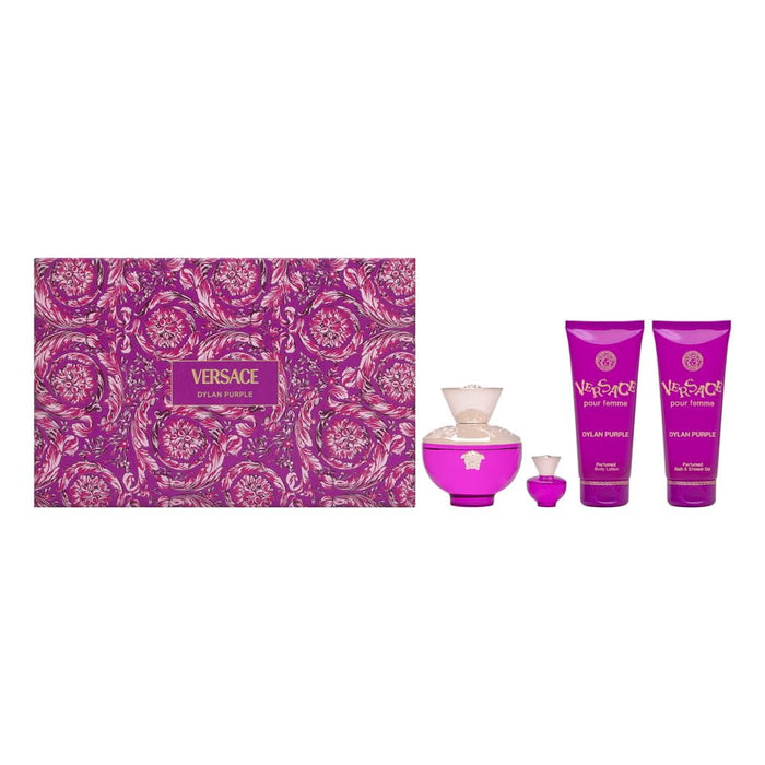Versace Dylan Purple for Women - 4 Pc Gift Set: EDP Spray (3.4oz), EDP Mini Spray, Shower Gel, Body Lotion