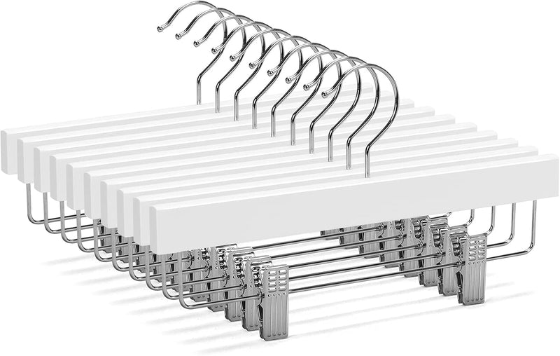 Nature Smile 11.8' Kids Baby Toddler Children Solid Wooden Pants Hangers,Wood Skirts Hangers,Trousers Bottom Hangers with 2-Adjustable Clips Anti-Rust Hook Pack of 10 (White)