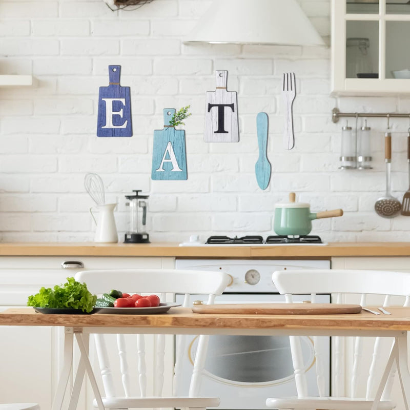 Jetec Cutting Board Eat Sign Set Hanging Art Kitchen Fork and Spoon Wall Decor Rustic Primitive Country Farmhouse for Home Decoration ()